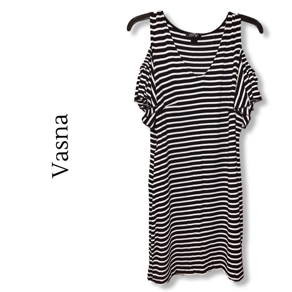 Vasna Black and White Stripped V-Neck Cold Shoulder Dress